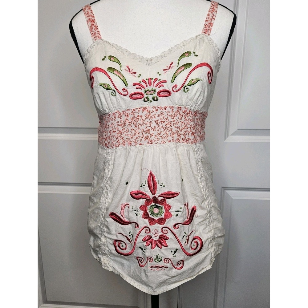 Forever 21 Embroidered Tunic Strappy Top Size Small Tie Back Boho Cottagecore